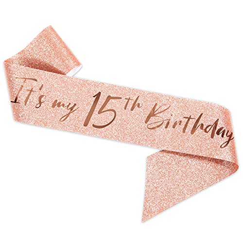 Banda y tiara de 15 cumpleaños para niñas, corona de banda de cumpleaños de oro rosa 15 y fabulosas bandas y tiara, regalos de 15 cumpleaños para felices fiestas de 15 cumpleaños