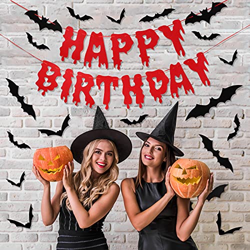 Banner de Happy Birthday de Halloween Pancarta Sangriento de Terror Aterrador para Cumpleaños y 36 Calcomanías de Pared de Murciélagos 3D PVC de Miedo Bandera de Vampiro Zombi para Fiesta