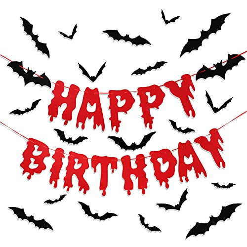Banner de Happy Birthday de Halloween Pancarta Sangriento de Terror Aterrador para Cumpleaños y 36 Calcomanías de Pared de Murciélagos 3D PVC de Miedo Bandera de Vampiro Zombi para Fiesta
