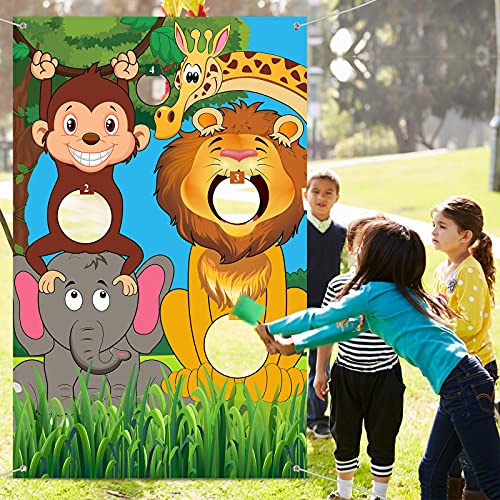 Banner de Juego de Lanzamiento de Animales de Safari con Bolsas de Frijoles Fondo de Animales Salvajes de Selva Fondo de Foto de Animales de Zoológico Juego Divertido para Niños Cumpleaños