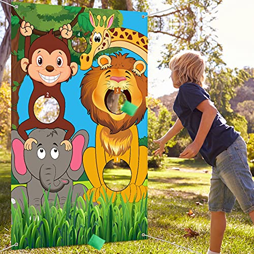 Banner de Juego de Lanzamiento de Animales de Safari con Bolsas de Frijoles Fondo de Animales Salvajes de Selva Fondo de Foto de Animales de Zoológico Juego Divertido para Niños Cumpleaños