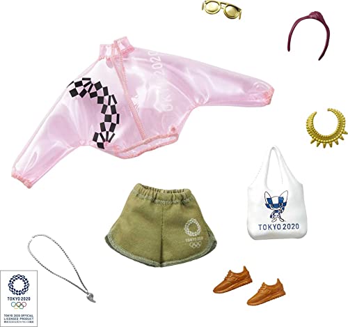 Barbie Conjunto de Moda Rosa Transparente, Pantalones Cortos y 6 Accesorios para muñecas, Color carbón, 0 (Mattel GJG34)