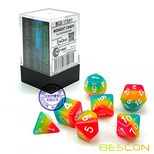 Bescon Fantasy Rainbow Glowing Polyhedral Dice 7pcs Set Midnight Candy, Luminous RPG Dice Set Glow in Dark, Novelty DND Game Dice d4 d6 d8 d10 d12 d20 d% in Brick Box