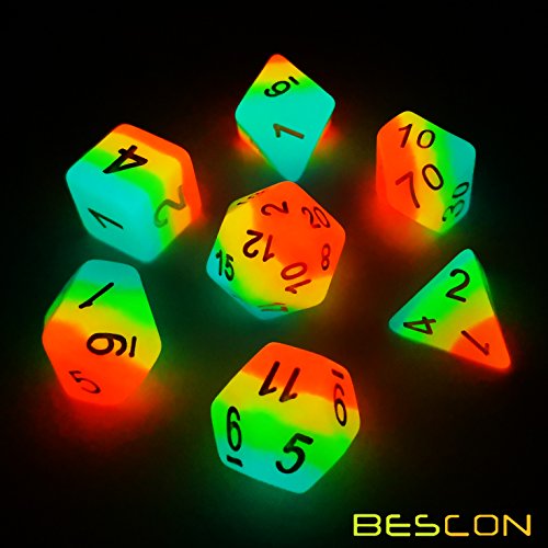 Bescon Fantasy Rainbow Glowing Polyhedral Dice 7pcs Set Midnight Candy, Luminous RPG Dice Set Glow in Dark, Novelty DND Game Dice d4 d6 d8 d10 d12 d20 d% in Brick Box