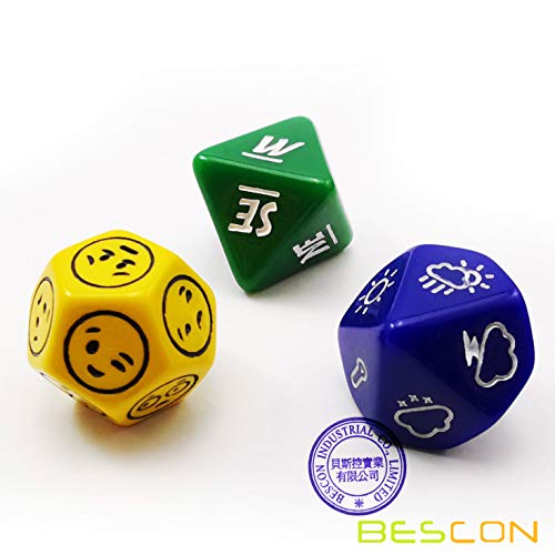 Bescon's Emotion, Weather and Direction Dice Set, 3 Piece Proprietary Polyhedral RPG Dice Set in Blue, Green, Yellow