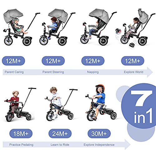 besrey Triciclo Evolutivo Bebé para Niños de 1 a 6 Años, Triciclos Reclinable, Reversible, Ruedas de Goma Caucho Maciza sin Inflar, Gris + Cubierta de Lluvia Gratis