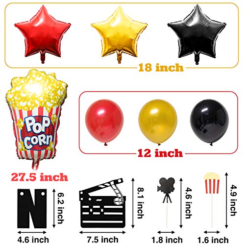 BeYumi Juego de 45 paquetes de decoraciones para fiestas temáticas de película, globos de papel de aluminio con forma de estrella de palomitas de maíz, globos de látex con cinta
