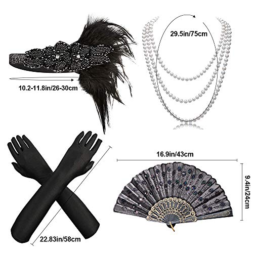 BIRLON 1920s Set de Accesorios Disfraz, Años 20 Flapper Disfraces Accesorios de Charlestón Diadema Pendientes Collar de Perlas Guantes para Mujer Disfraz