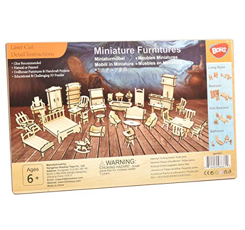 BOHS 34PCS Kit de artesanía para Muebles de casa de muñecas - Rompecabezas de Madera en 3D para Bricolaje - Modelos a Escala en Miniatura Accesorios para Casas de muñecas - A Partir de 6 años