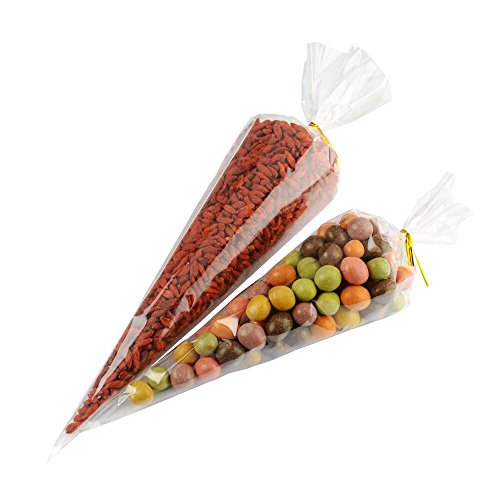 Bolsas para Chuches 100 Piezas Bolsas de Cono 17 x 37 cm con 100 Piezas Cinta Ribbon OPP Transparentes para la Boda Fiesta Galletas Dulces Lollipop Tratar