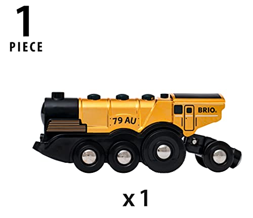 BRIO - Potente locomotora de acción dorada, locomotora con pilas, accesorios de BRIO World, edad recomendada 3+ (33630)
