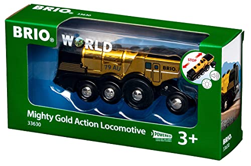 BRIO - Potente locomotora de acción dorada, locomotora con pilas, accesorios de BRIO World, edad recomendada 3+ (33630)