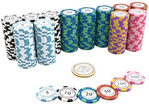 Bullets Playing Cards Maletin poker set profesional. Estuche con cartas y fichas poker. 300 Poker chips numeradas y baraja de cartas de plastico impermeables. Incluye instrucciones del juego de poker
