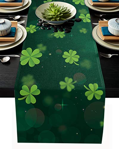 Camino de mesa de arpillera de lino, 33 x 274 cm, diseño de trébol irlandés para fiestas de vacaciones, comedor, cocina, decoración de boda