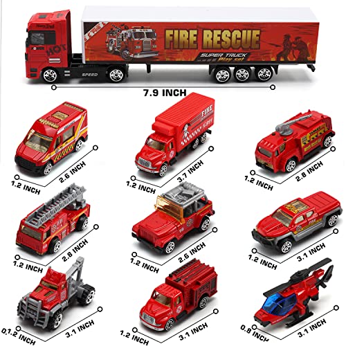 Camión de bomberos fundido a presión 19 en 1, mini coche de juguete fundido a presión, vehículos de camión de bomberos en camión portador con juego de juguete de bombero, regalo para niños, niños