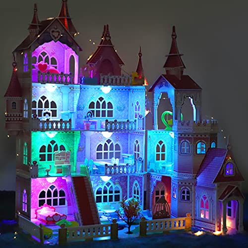 Casa de Muñecas Castillo Enorme con Luces LED,Casa de Ensueño de 4 Pisos,97cmx88cmx59cm,10 Habitaciones y 48 Piezas de Muebles y Accesorios para Muñecas,Juguete de Casa de Muñecas para Niña Pequeños