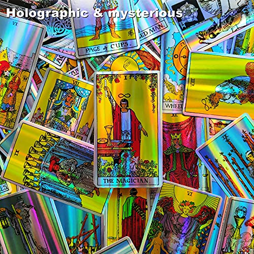 Cekell Baraja de tarot clásica holográfica con guía electrónica en español, guía en papel en inglés y bolsa de tarot de terciopelo, herramienta de adivinación con efecto arco iris.