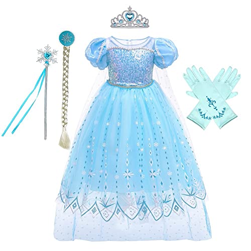 CinheyU Vestidos de Princesa Elsa para Niñas Frozen Disfraz de Carnaval Cumpleaños Boda Fiesta Navidad Ceremonia Traje de Halloween Mascarada Cosplay Vestir con Accesorios 3-4 años