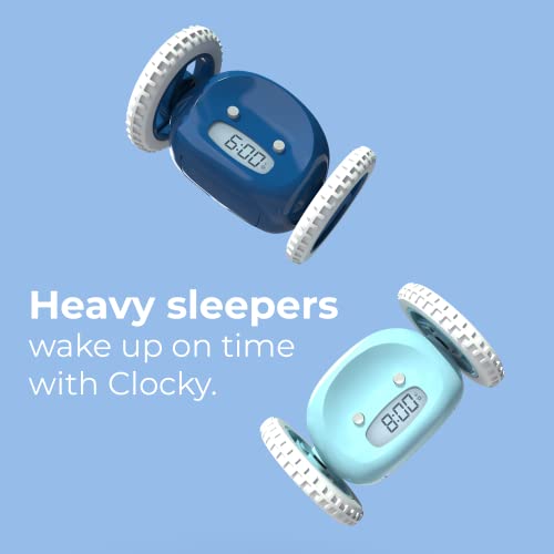 Clocky Reloj despertador con ruedas (original) | Extra fuerte para dormir pesado (adulto o niño cama-habitación robot reloj) divertido, rodando, escapando, movimiento, saltando (azul marino)