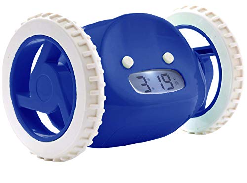 Clocky Reloj despertador con ruedas (original) | Extra fuerte para dormir pesado (adulto o niño cama-habitación robot reloj) divertido, rodando, escapando, movimiento, saltando (azul marino)