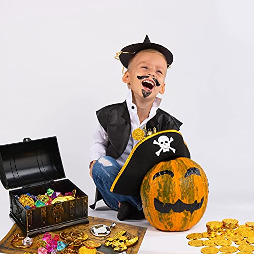 Cofre de Tesoro de Pirata Caja de Juguete con Cerradura y 1 Mapa del Tesoro 100 Gemas de Colores 40 Monedas de Piratas 4 Aretes 2 Collares de Esqueleto para Fiesta Temática Pirata