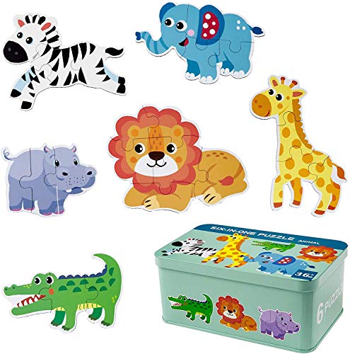 Comius Sharp Puzzle de Madera, 6 Pack Rompecabezas Puzzle Juguetes Bebes para Niños de 1 2 3 4 5 Años Montessori Educativos Regalos 3D Patrón Puzles con Caja de Rompecabezas de Metal (Animal)
