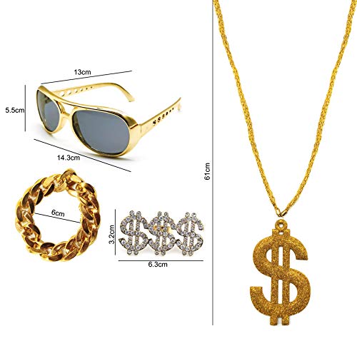Conjunto de Disfraz de Hip Hop 80s/90S, Accesorios de Rapero de Oro Falso, Gafas Collar Anillo y Pulsera con Signo de Dólar，4Pcs