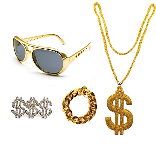 Conjunto de Disfraz de Hip Hop 80s/90S, Accesorios de Rapero de Oro Falso, Gafas Collar Anillo y Pulsera con Signo de Dólar，4Pcs