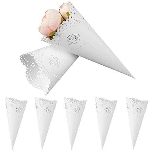 Conos de arroz de rosas blancas, Comius Sharp 100 piezas de conos de flores de papel de aspersión de confeti hueco para bodas, con autoadhesivo