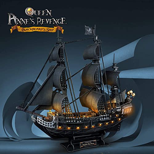 CubicFun Puzzle 3D LED Venganza del Reina Ana Barco Pirata Maquetas para Construir Adultos Modelo de Barco Pirata Grande Decoración Regalo Ideal para Adultos, 340 Piezas