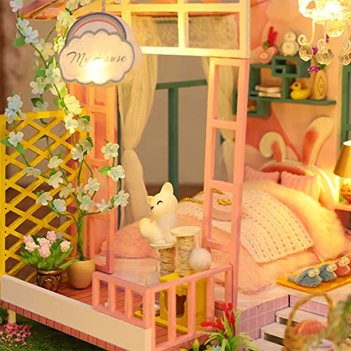CUTEBEE Miniatura de la casa de muñecas con Muebles, Equipo de casa de muñecas de Madera DIY, más Resistente al Polvo y el Movimiento de música(Dream in The Flowers)