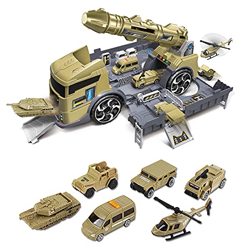 deAO Juego de Camión de Transporte y Garaje Militar 2 en 1 con Rampas, Vehículos y Accesorios Incluidos