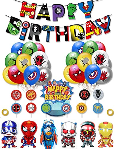 Decoracion Cumpleaños Superheroes Globos de Superhéroe Feliz Cumpleaños del Pancarta Superheroes Adornos de Pastel Superhéroe Marvel Cumpleaños Decoracion (A)