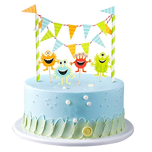 Decoración para tartas de monstruo cumpleaños niño azul, decoración para tartas, banderín cadena guirnalda, decoración para cupcakes palillo de dientes para bebés, niños niñas fiestas decoración