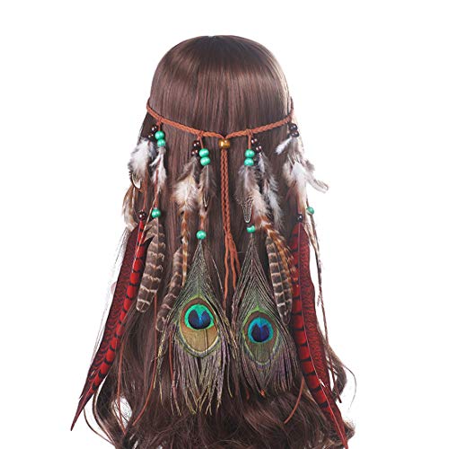 Diadema de plumas tribales Hippie tocados - AWAYTR Boho lindo tocado indio nativo para mascarada (Rojo)