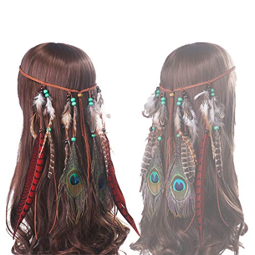 Diadema de plumas tribales Hippie tocados - AWAYTR Boho lindo tocado indio nativo para mascarada (Rojo)