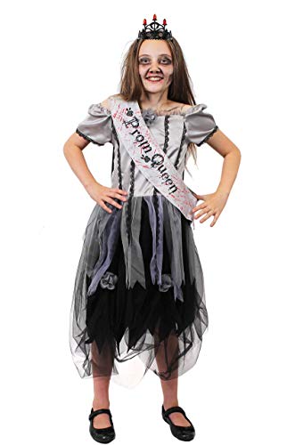 Disfraz de Halloween de Reina de Baile Zombie no Muerto Para Niñas. Vestido de Fiesta Gris y Negro Hecho Jirones, Corona Negra & Fajín del Baile de Graduación Manchado de Sangre (Pequeño)