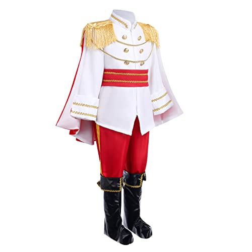Disfraz de Príncipe Real Rey para Niños Halloween Cosplay Navidad Fiesta de Cumpleaños Juego de Rol Vestir Día Mundial del Libro Túnica Top Capa Pantalones Corona Cetro Zapatos Rojo + Capa 3-4 Años