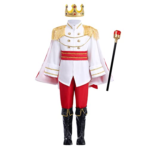 Disfraz de Príncipe Real Rey para Niños Halloween Cosplay Navidad Fiesta de Cumpleaños Juego de Rol Vestir Día Mundial del Libro Túnica Top Capa Pantalones Corona Cetro Zapatos Rojo + Capa 3-4 Años