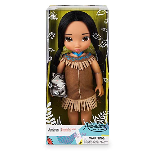 Disney Store: muñeca de Princesa niña Coleccionable de Pocahontas (colección Animators), 39 cm, Pelo enraizado y Traje realistas, minipeluche de Meeko en Raso Acolchado, para Mayores de 3 años
