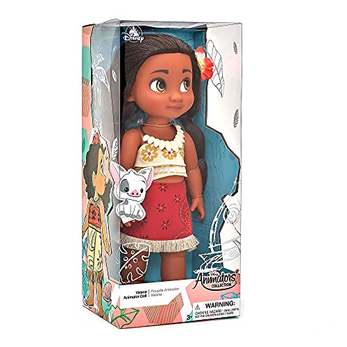 Disney Store: muñeca en versión niña coleccionable de Vaiana (colección Animators), 39 cm, pelo enraizado y traje realistas, peluche de Pua en raso acolchado, para mayores de 3 años