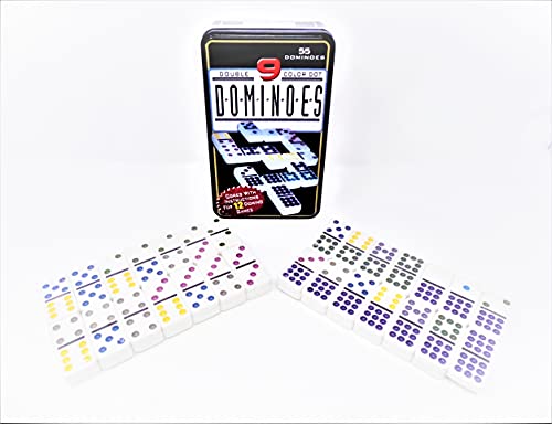 dominó de Puntos Dobles de 9 Colores (Juego 55, dominó) en Caja de Metal
