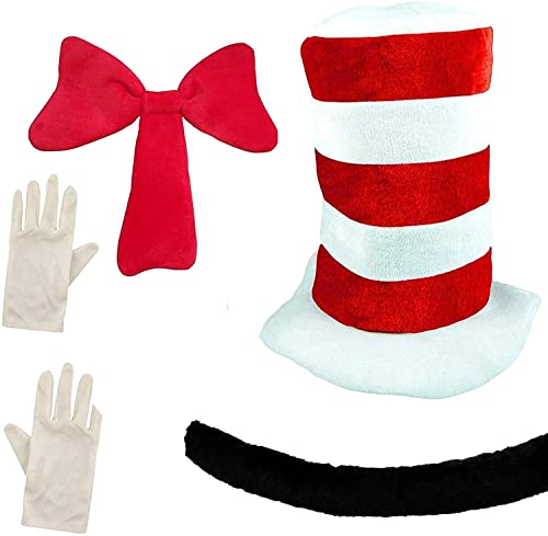 Dreamzfit - Juego de 4 piezas para niños con gato en el sombrero, juego de accesorios para disfraz, sombrero + pajarita + guantes para niños + cola del libro mundial de la semana del gato loco