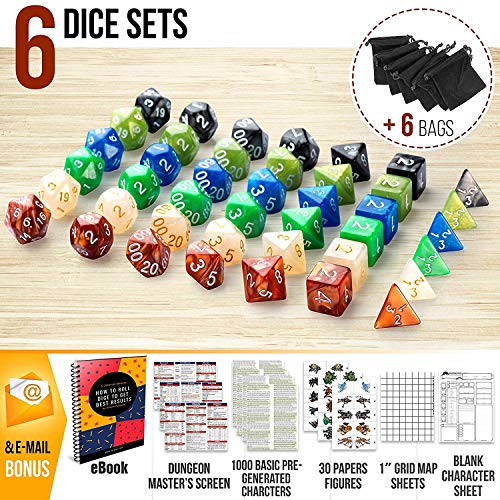 Dungeons and Dragons Essentials Kit 5ª edición con paquete de inicio completo – 6 D&D Dice Sets en bolsas negras y DND Principiante Imprimibles Materiales