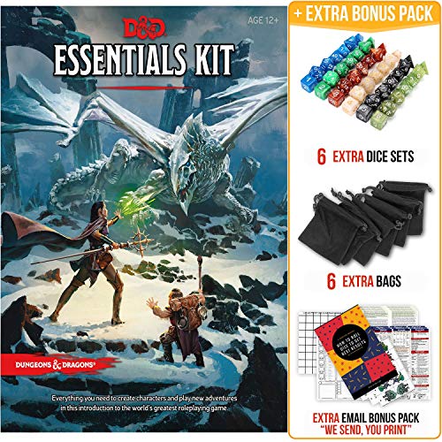 Dungeons and Dragons Essentials Kit 5ª edición con paquete de inicio completo – 6 D&D Dice Sets en bolsas negras y DND Principiante Imprimibles Materiales