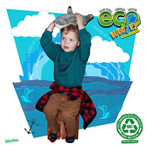 EcoBuddiez - Tiburón Punta Negra de Deluxebase. Peluche Mediano de 44 cm elaborado con Botellas de plástico recicladas. Lindo Peluche ecológico con Forma de animalito para niños pequeños.