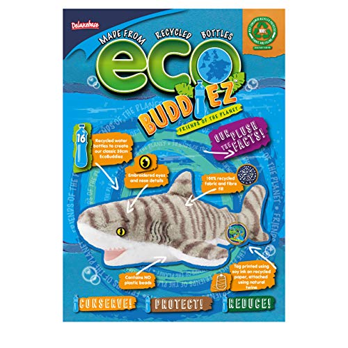 EcoBuddiez - Tiburón Tigre de Deluxebase. Peluche Grande de 53 cm elaborado con Botellas de plástico recicladas. Lindo Peluche ecológico con Forma de animalito para niños pequeños.