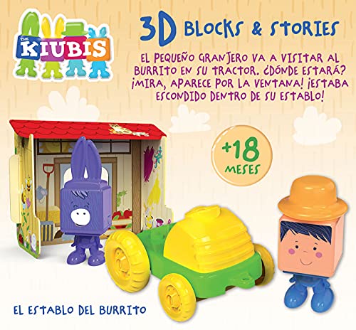 Educa - The Kiubis. Playset El Establo del Burrito. Apilables para bebés con escenario 3D. 2 Personajes + Tractor. +18 meses. 19222