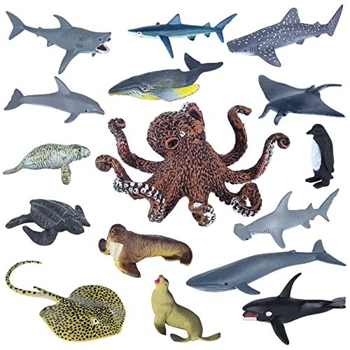 ELECLAND 16 Piezas Juguetes de Animales Marinos, Figuras de Animales Marinos, Figuras de Animales Marinos, Mini Adornos para Tartas de Animales Marinos, Juguetes de Tiburones y Delfines