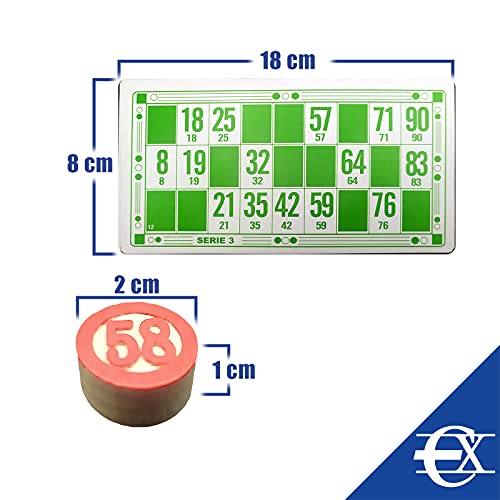 EUROXANTY Set Bingo y 48 cartones | Bingo de Viaje | Juego de Mesa Tradicional | Fichas de números 2 Caras | Práctica Bolsa de Transporte | Números de Madera